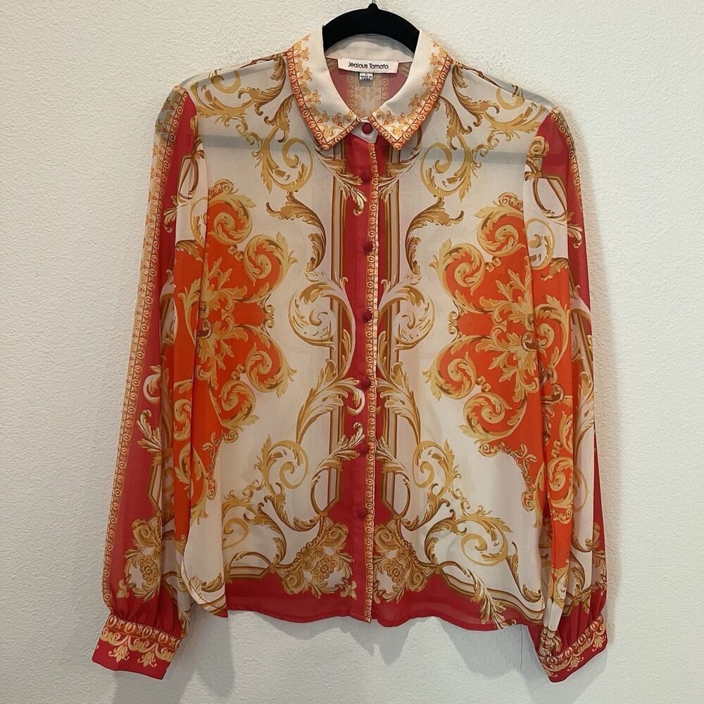 Jealous Tomato Top Vintage Heiress Woven Button Up Small Sheer Baroque Print